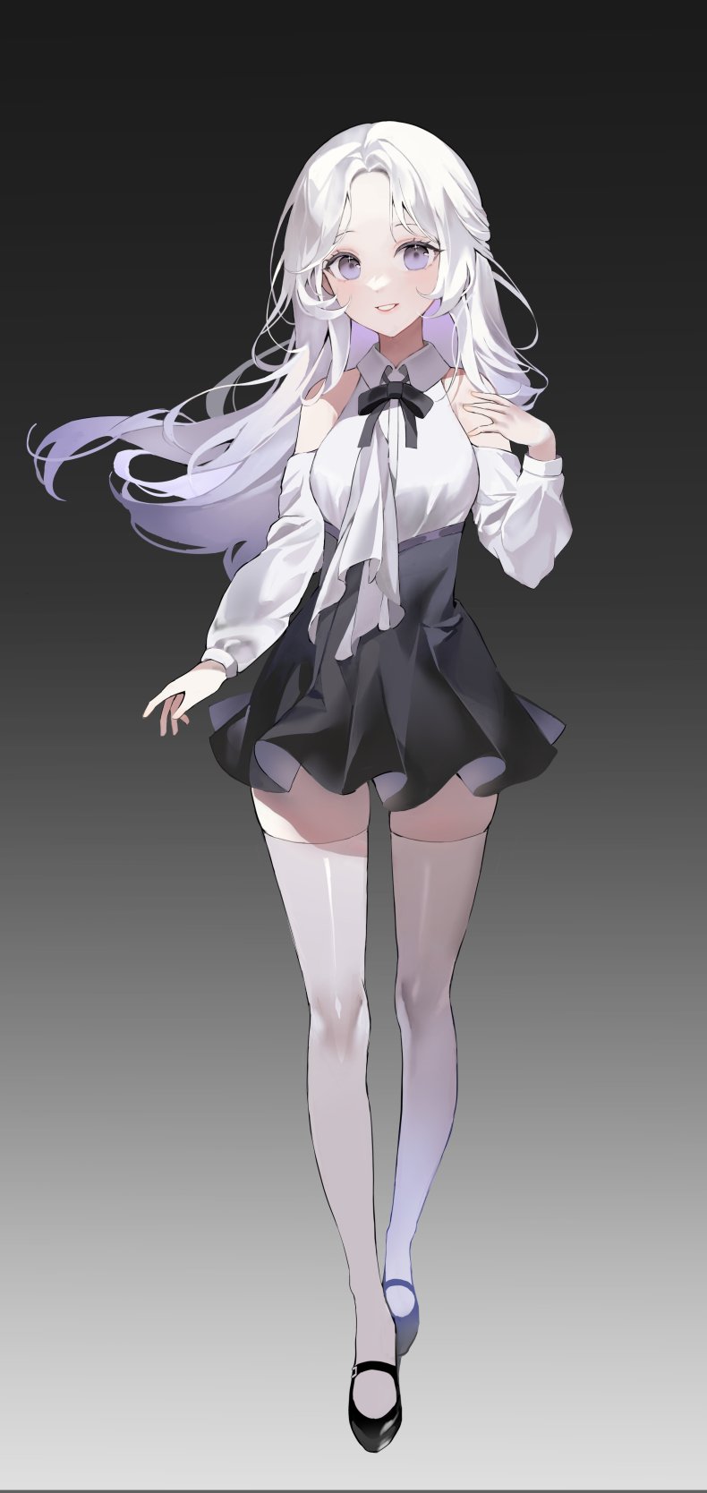 1girl, bare_shoulders, black_background, black_footwear, black_ribbon, black_skirt, blush, collared_shirt