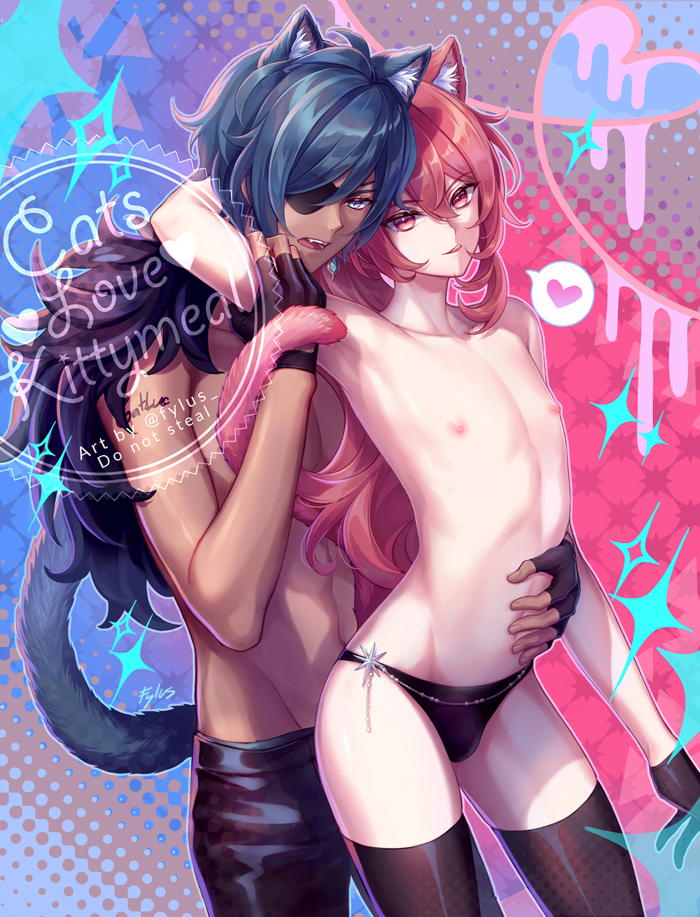 2boys, animal_ears, black_gloves, blue_eyes, blush, cat_ears, closed_mouth, dark-skinned_male, dark_skin, diluc_(genshin_impact), earrings, eyepatch, fylus, genshin_impact, gloves, hair_between_eyes, highres, holding, jewelry, kaeya_(genshin_impact), long_hair, male_focus, multicolored_hair, multiple_boys, muscular, muscular_male, necktie, nipples, open_clothes, open_mouth, open_shirt, pants, ponytail, red_eyes, red_hair, shirt, simple_background, smile, twitter_username, underwear, yaoi