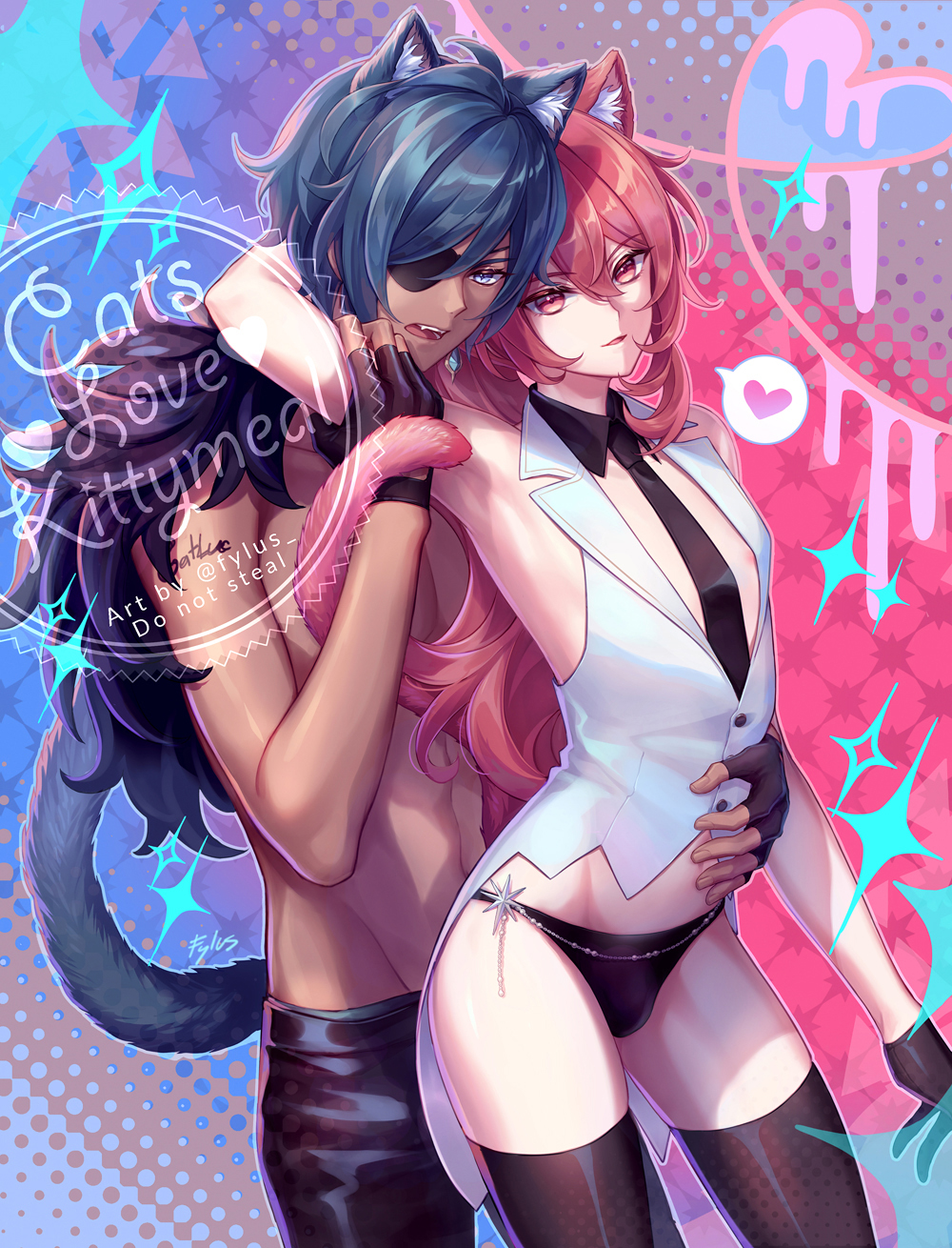 2boys, animal_ears, black_gloves, blue_eyes, blush, cat_ears, closed_mouth, dark-skinned_male