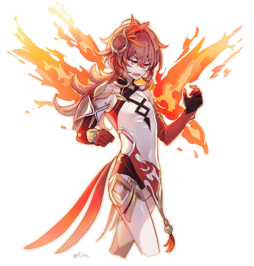 1boy, blush, breasts, china_dress, chinese_clothes, cosplay, crossover, diluc_(genshin_impact), dress, fire, fu_hua, fu_hua_(phoenix), fu_hua_(phoenix)_(cosplay), fylus, genshin_impact, gloves, hair_between_eyes, hair_ornament, highres, honkai_(series), honkai_impact_3rd, long_hair, long_sleeves, male_focus, mihoyo, open_mouth, ponytail, red_eyes, red_hair, simple_background, trap