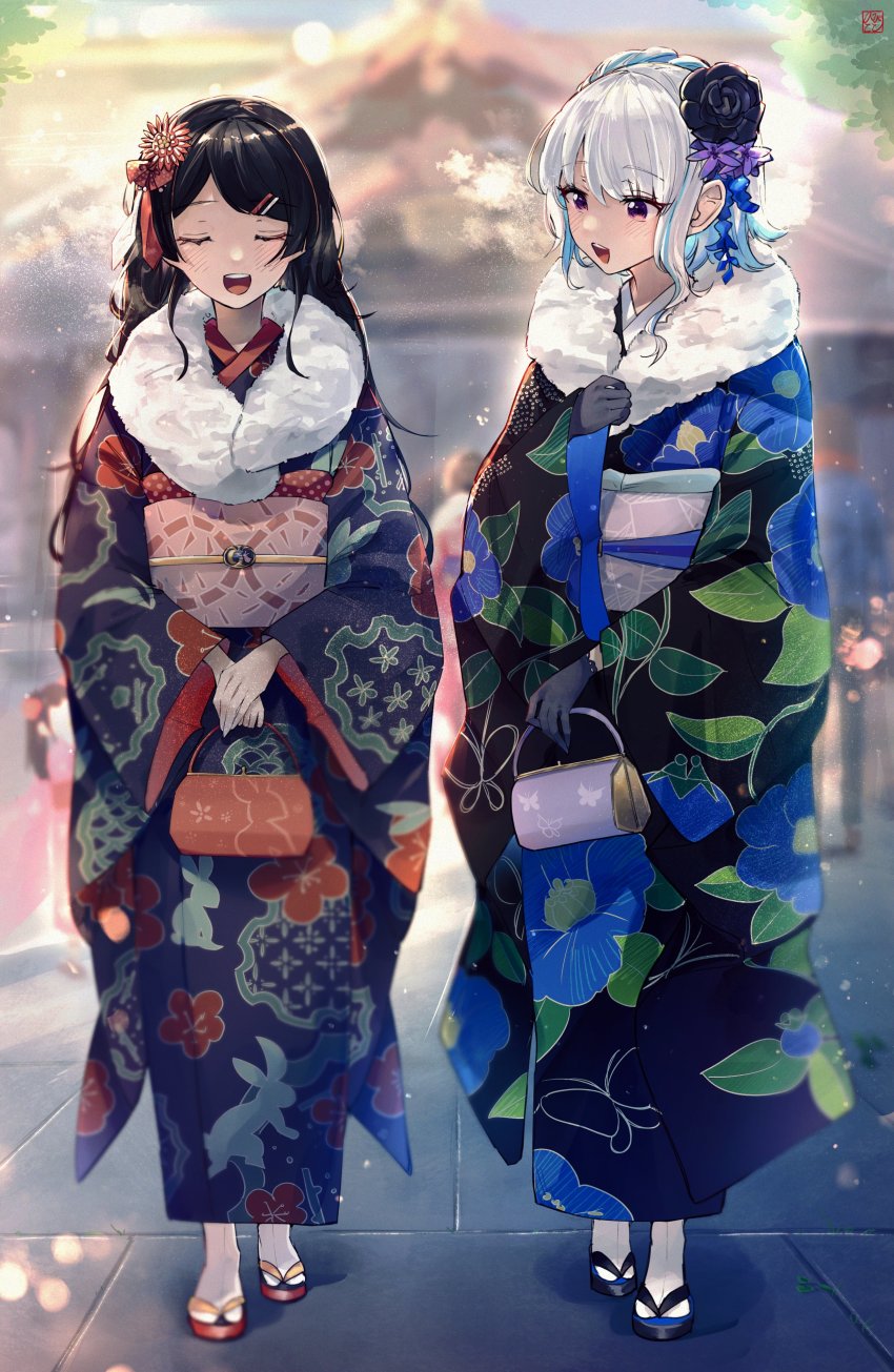 2girls, absurdres, alternate_costume, black_flower, black_hair, black_kimono, blue_hair, closed_eyes