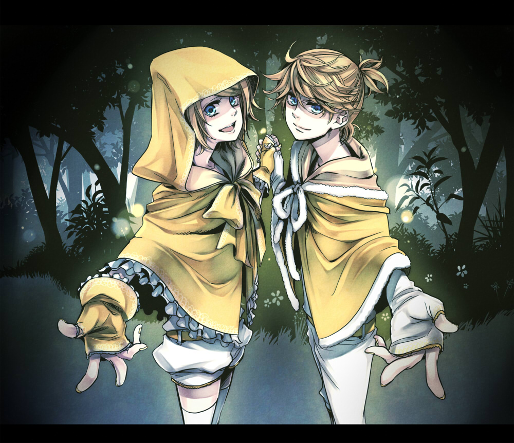 1boy, 1girl, album_cover, bad_id, bad_pixiv_id, blonde_hair, blue_eyes, brother_and_sister, cover, evillious_nendaiki, fingerless_gloves, foreshortening, forest, gloves, hetero, holding_hands, kagamine_len, kagamine_rin, nature, okizari_tsukiyo_shou_(vocaloid), outstretched_arm, outstretched_hand, reaching, siblings, suzunosuke_(sagula), twins, vocaloid
