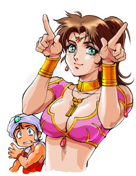 1boy, 1girl, arabian_fight, breasts, brown_hair, cleavage, green_eyes, looking_at_viewer