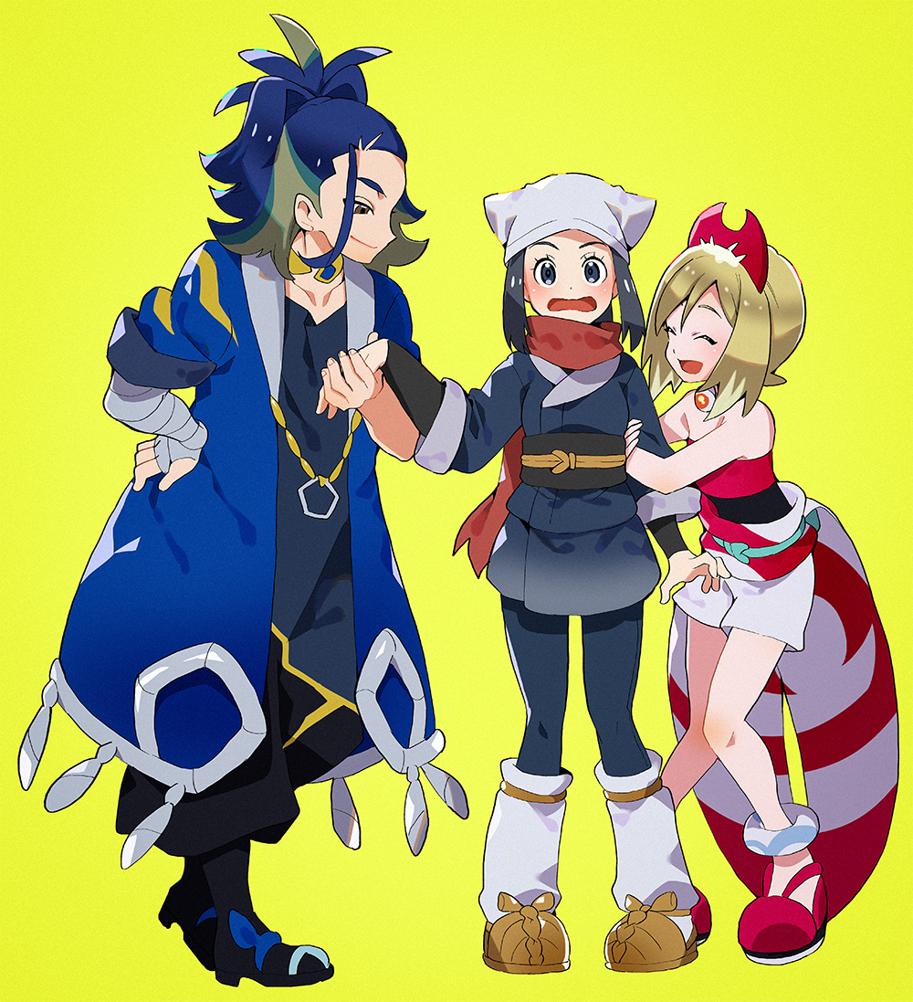 1boy, 2girls, adaman_(pokemon), akari_(pokemon), anklet, arm_hug, bare_shoulders, black_hair, blonde_hair, blue_hair, galaxy_expedition_team_survey_corps_uniform, hand_wraps, headscarf, holding_hands, irida_(pokemon), jewelry, looking_at_another, multicolored_hair, multiple_girls, neck_ring, nintendo, oono_imo, pokemon, pokemon_legends:_arceus, red_scarf, scarf, short_shorts, shorts, smile, strapless, two-tone_hair, waist_cape, white_headscarf, yellow_background
