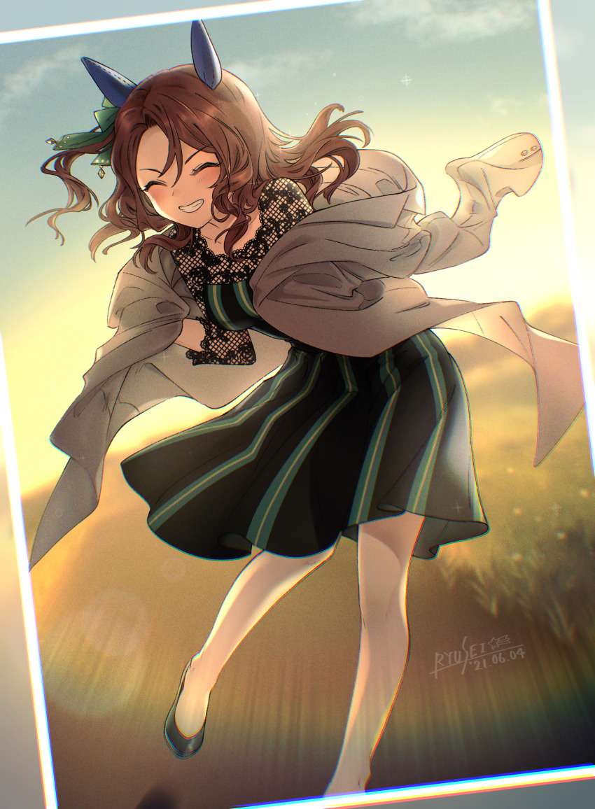 1girl, absurdres, animal_ears, artist_name, black_dress, black_footwear, blush, brown_hair