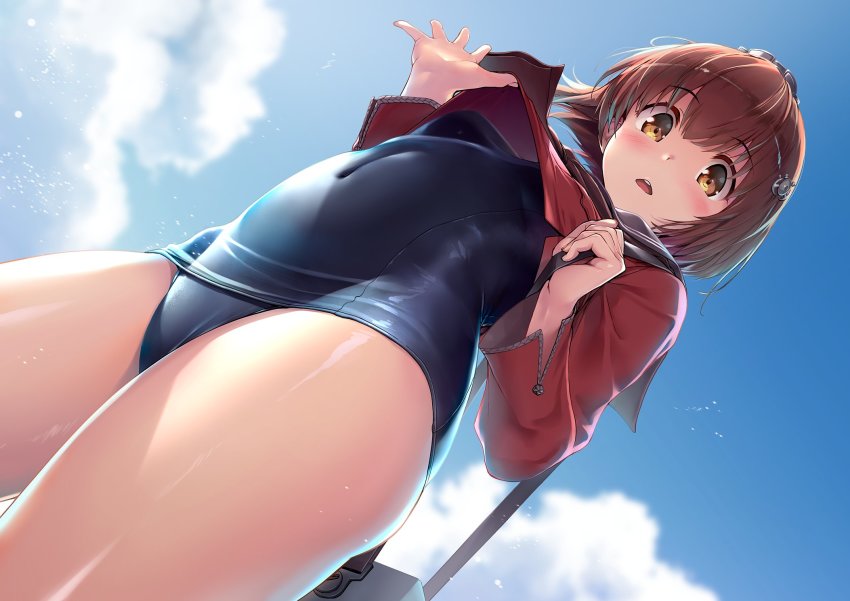 1girl, blue_one-piece_swimsuit, blush, breasts, brown_eyes, brown_hair, cloud, covered_navel, day, from_below, hair_between_eyes, hair_ornament, headgear, highres, kantai_collection, long_sleeves, looking_at_viewer, one-piece_swimsuit, outdoors, parted_lips, red_sailor_collar, sailor_collar, school_uniform, serafuku, shinozuka_jouji, short_hair, sky, small_breasts, solo, swimsuit, swimsuit_under_clothes, tan_yang_(kancolle), teeth, thighs, upper_teeth_only, yukikaze_(kancolle)