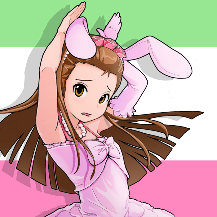 animal_ears, armpits, brown_eyes, brown_hair, caramelldansen, flat_chest, gloves, hair_held_back