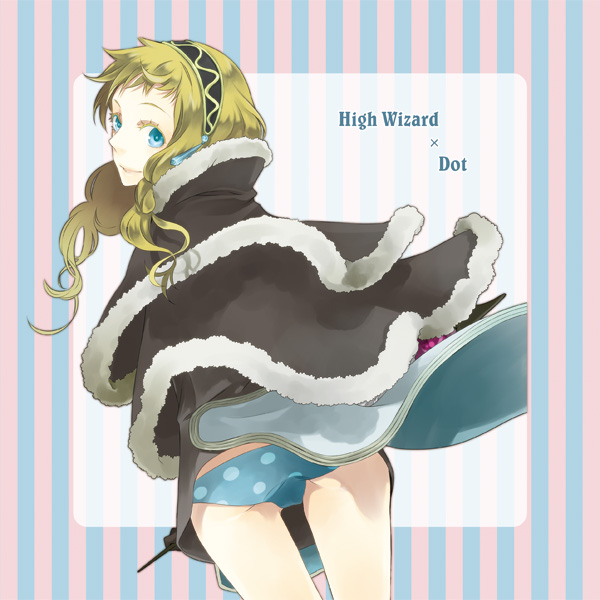 1girl, ass, black_hairband, blonde_hair, blue_eyes, blue_panties, brown_cape, brown_dress