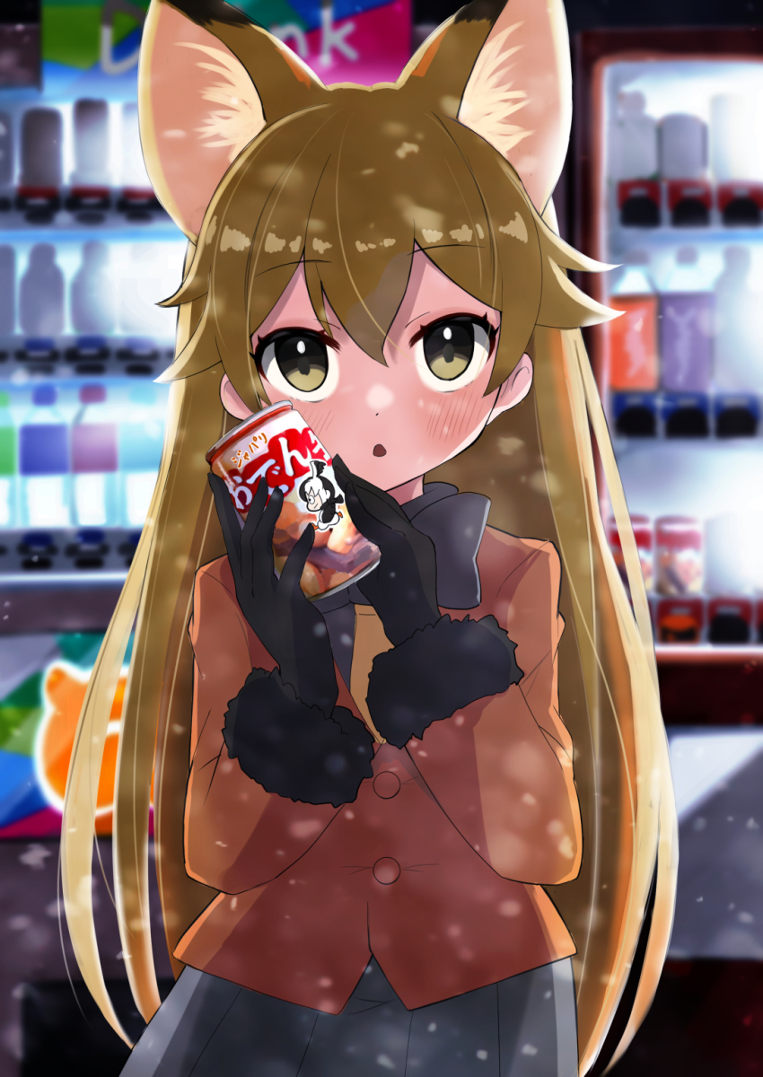 1girl, :o, animal_ear_fluff, animal_ears, black_bow, black_bowtie, black_gloves, blonde_hair