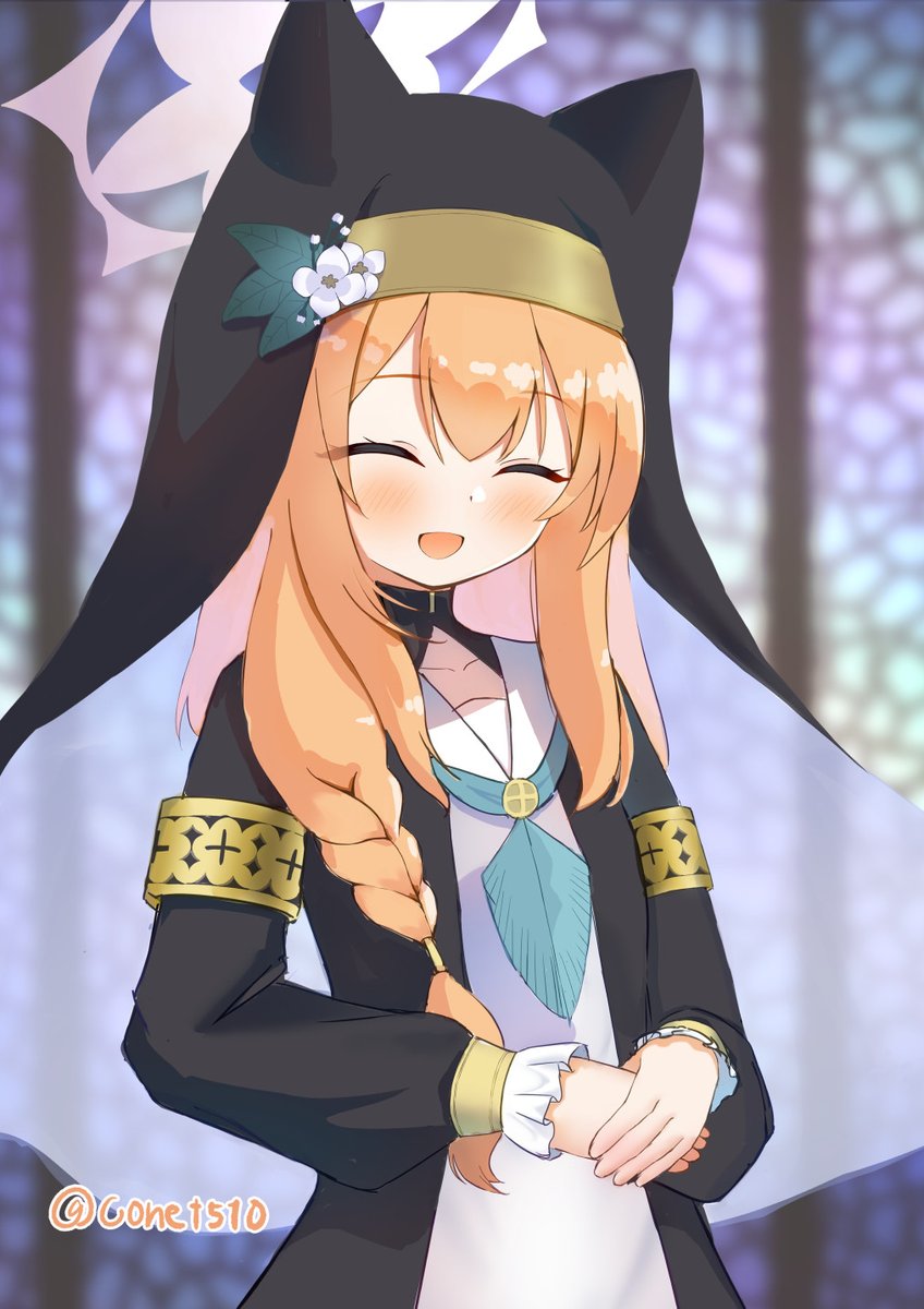 1girl, animal_ear_headwear, black_headwear, blue_archive, blue_eyes, blue_neckerchief, blurry, blurry_background