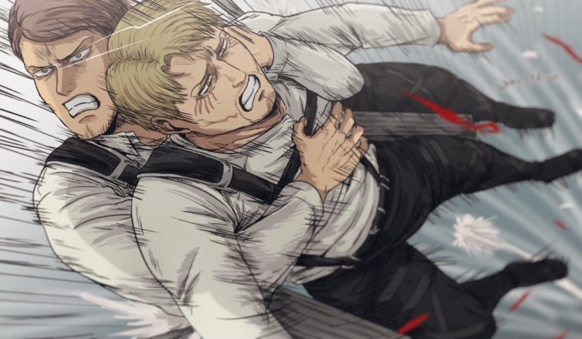 2boys, alternate_costume, bad_id, bad_pixiv_id, black_pants, bun_(bbb81bun), chest_harness, eye_trail