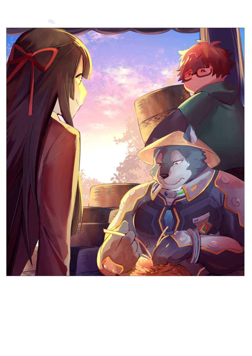 1girl, 2boys, absurdres, animal_ears, black_hair, blue_fur, breke_(housamo), furry