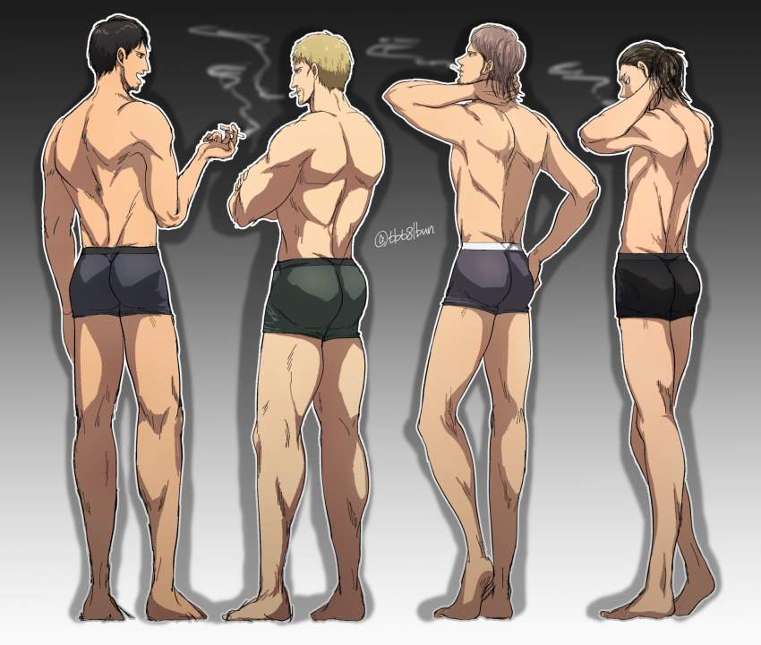 4boys, aged_up, ass, bad_id, bad_pixiv_id, bertolt_hoover, black_male_underwear, blonde_hair, bun_(bbb81bun), cigarette, eren_yeager, from_behind, full_body, green_male_underwear, grey_male_underwear, highres, jean_kirstein, male_focus, male_underwear, medium_hair, multiple_boys, muscular, muscular_male, pectorals, reiner_braun, shingeki_no_kyojin, short_hair, smoking, thick_thighs, thighs, toned, toned_male, topless_male, underwear, underwear_only