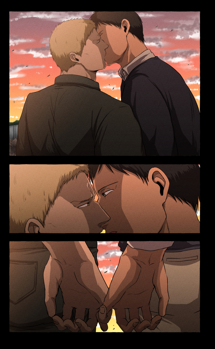 2boys, bad_id, bad_pixiv_id, bertolt_hoover, bun_(bbb81bun), collared_shirt, couple, dark-skinned_male