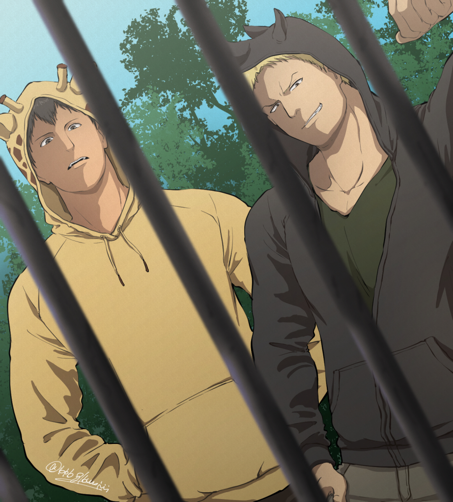 2boys, alternate_costume, animal_ear_request, animal_ears, animal_print, bad_id, bad_pixiv_id, bertolt_hoover