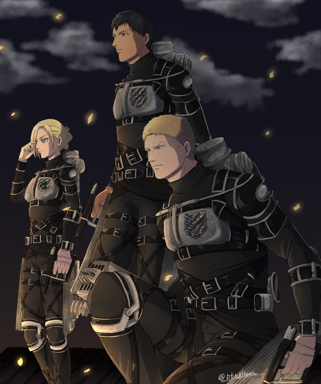 1girl, 2boys, alternate_costume, alternate_universe, annie_leonhart, armor, bad_id, bad_pixiv_id