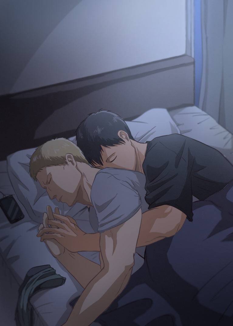 2boys, bad_id, bad_pixiv_id, bertolt_hoover, bun_(bbb81bun), couple, holding_hands, interlocked_fingers