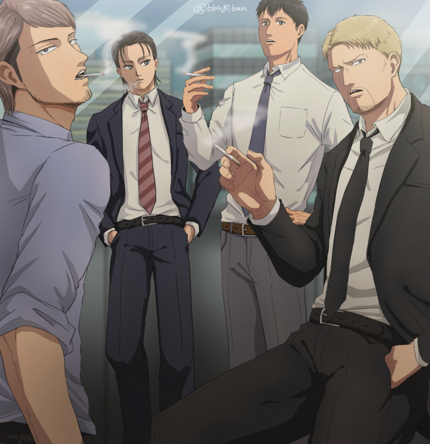 4boys, aged_up, alternate_costume, alternate_universe, bad_id, bad_pixiv_id, bertolt_hoover, black_necktie