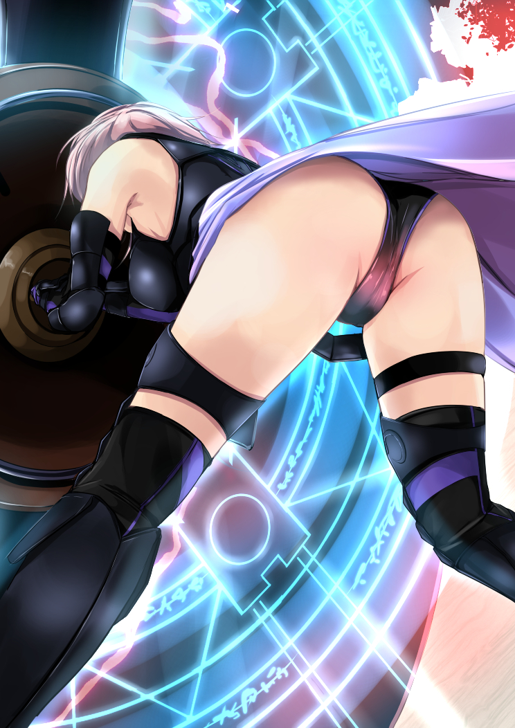 1girl, ass, bare_shoulders, bent_over, black_thighhighs, blocking, boots, breasts, commentary_request, elbow_gloves, facing_away, fate/grand_order, fate_(series), from_behind, from_below, gloves, holding, holding_shield, mash_kyrielight, mash_kyrielight_(demi-servant), medium_breasts, pink_hair, revision, shield, short_hair, skindentation, solo, takamaru_(akisora_drawing), thigh_strap, thighhighs, thighhighs_under_boots, weapon