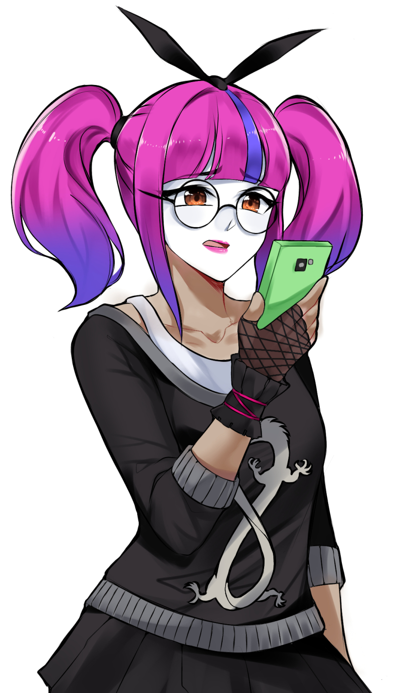 1girl, bow, ehebai, facepaint, fortnite, glasses, gloves, gradient_hair