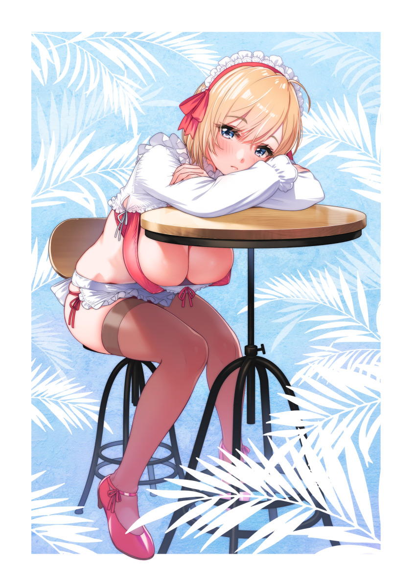 1girl, absurdres, ahoge, apron, bikini, blue_eyes, blush, breasts