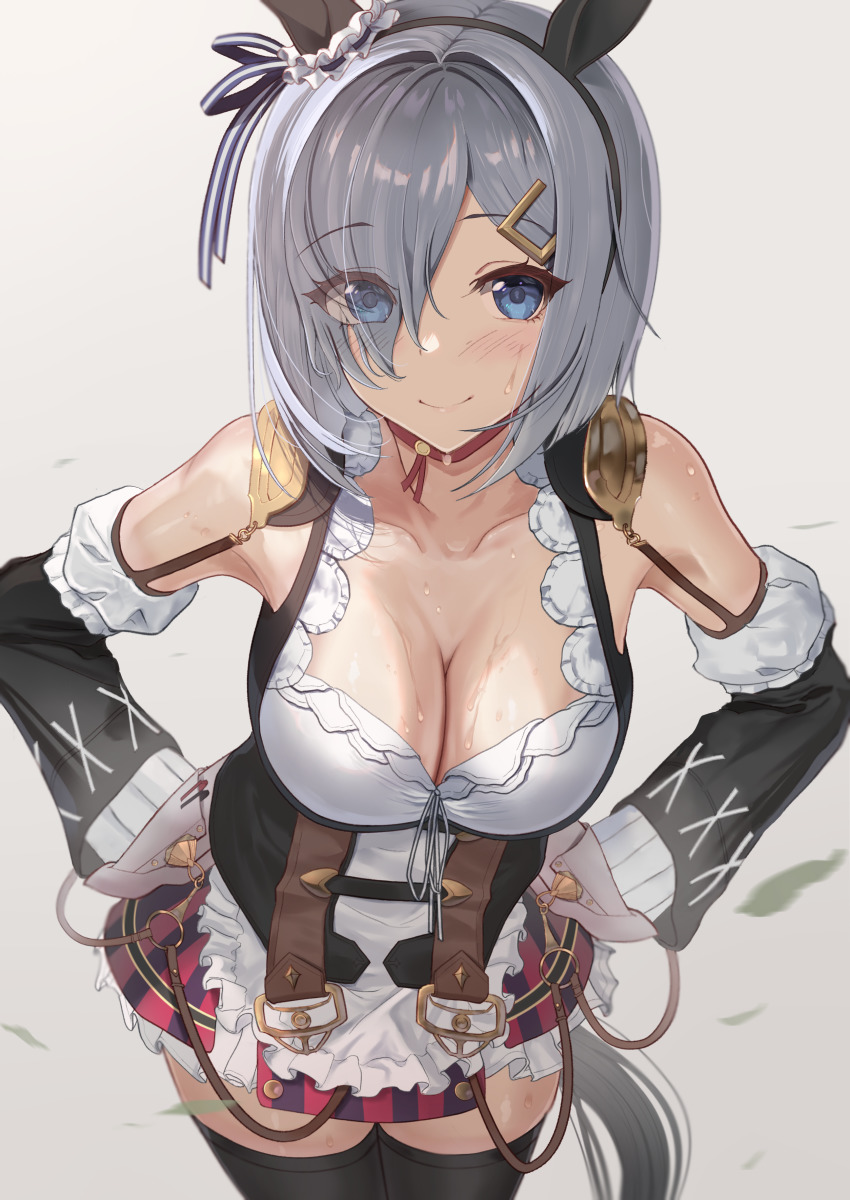 1girl, absurdres, animal_ears, apron, bare_shoulders, black_hairband, black_thighhighs, blue_eyes