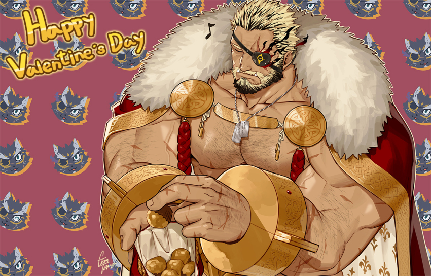 animal_ears, balor_(housamo), bara, beard, black_hair, blonde_hair, chest_hair, chocolate