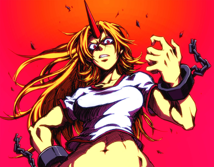 1girl, angry, bad_id, bad_pixiv_id, blonde_hair, clenched_teeth, cuffs, female_focus, from_below, horns, hoshiguma_yuugi, housei, midriff, muscular, navel, red_eyes, single_horn, solo, teeth, touhou, yadonushi_(housei)