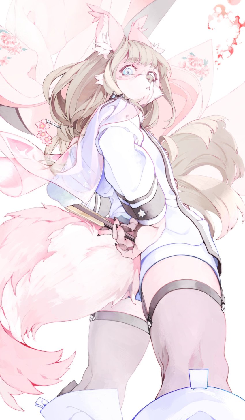 1boy, absurdres, animal_ears, blue_eyes, brown_hair, dog_boy, dog_ears, dog_tail, fingernails, floral_print, from_below, furry, furry_male, garter_straps, hand_fan, highres, kazanniro, long_hair, looking_at_viewer, looking_down, pink_fur, sharp_fingernails, shorts, solo, tail, tanetomo_(housamo), thighhighs, tokyo_houkago_summoners, two-tone_fur, uniform, upper_body, white_background, white_fur