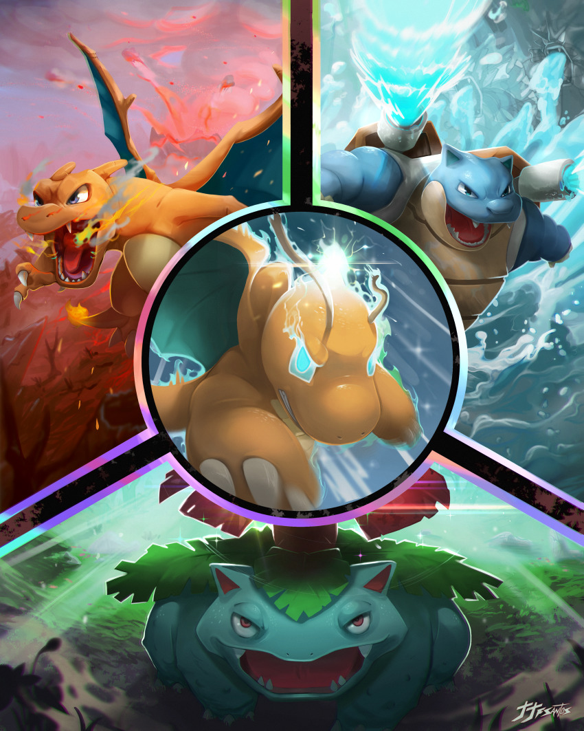 absurdres, animal_focus, blastoise, blue_eyes, breath_weapon, breathing_fire, charizard, claws