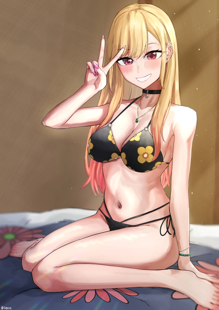 1girl, absurdres, arm_support, barbell_piercing, barefoot, bead_bracelet, beads, bikini