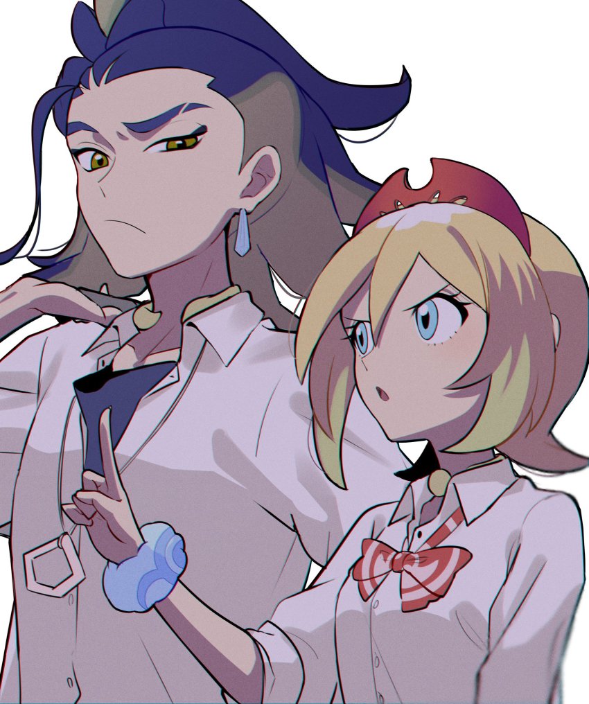 1boy, 1girl, :o, adaman_(pokemon), alternate_costume, blonde_hair, blue_eyes, blue_hair