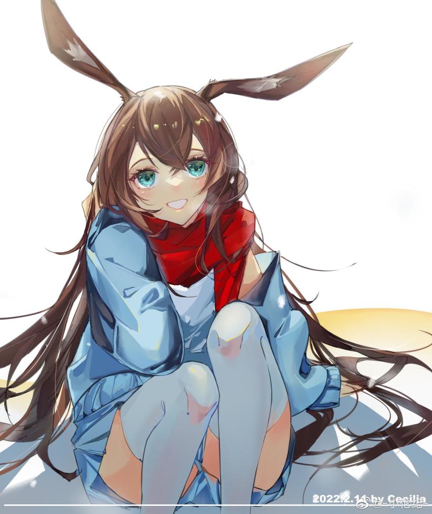 1girl, :d, amiya_(arknights), amiya_(fresh_fastener)_(arknights), animal_ear_fluff, animal_ears, arknights, artist_name