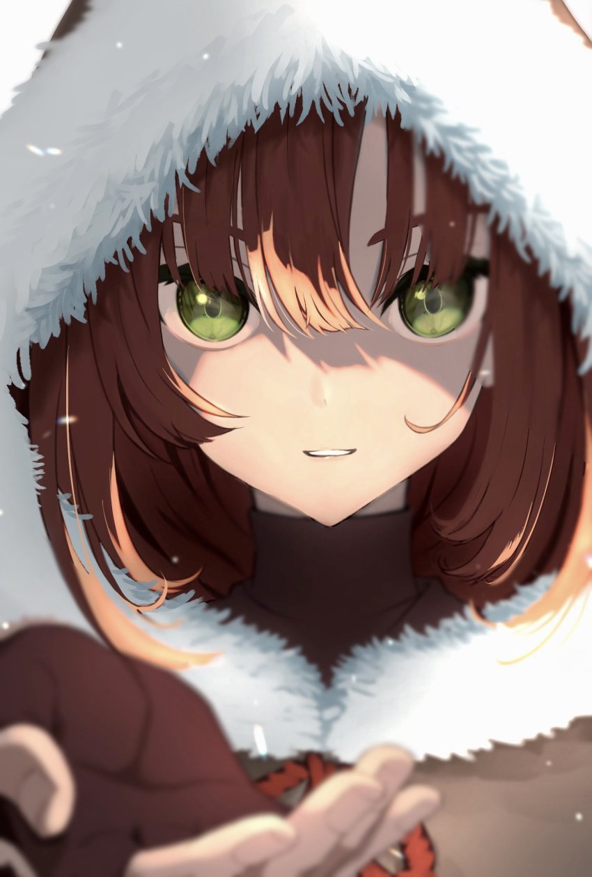 1girl, brown_hair, fingerless_gloves, fur_jacket, gloves, green_eyes, haruwo, highres