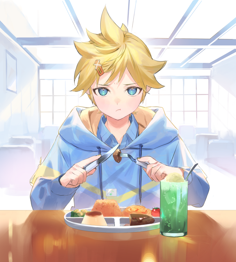 1boy, blonde_hair, blue_eyes, blue_hoodie, collared_shirt, commentary_request, drink, food, fork, hair_ornament, hairclip, hood, hoodie, kagamine_len, long_sleeves, male_focus, naoko_(naonocoto), plate, pout, project_sekai, shirt, solo, vivid_bad_squad_len, vocaloid