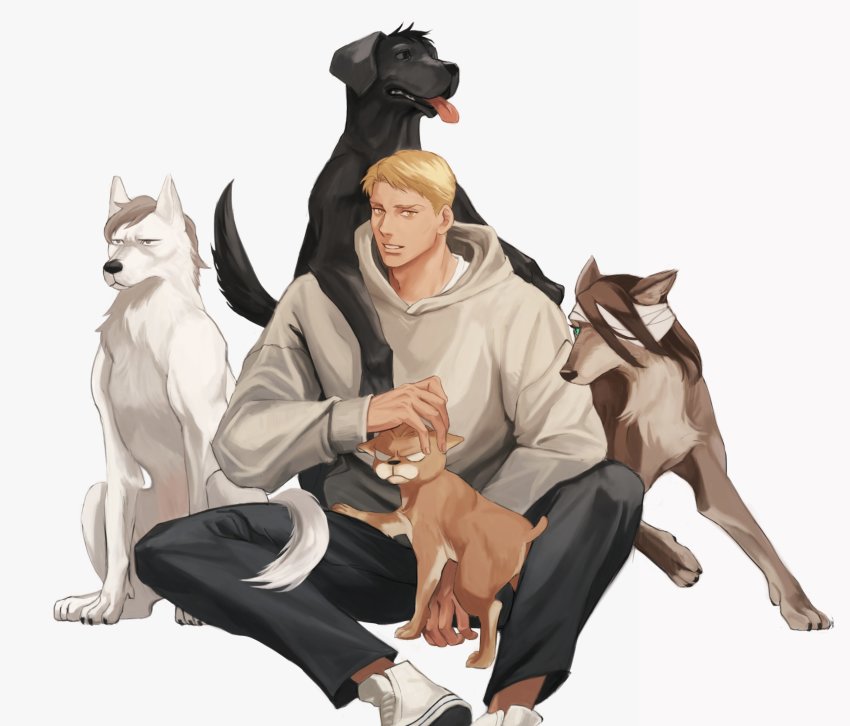 1boy, absurdres, animalization, bandage_over_one_eye, bertolt_hoover, blonde_hair, casual, dog