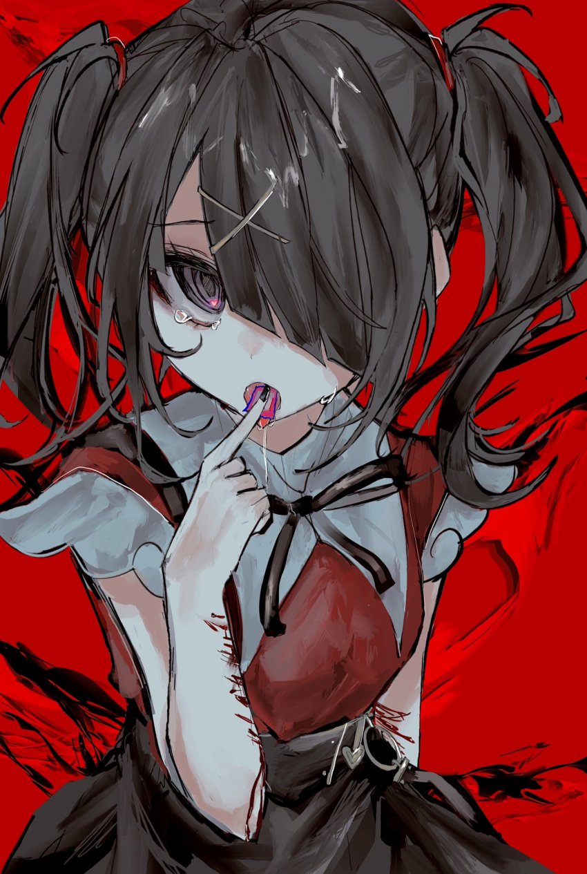 1girl, ame-chan_(needy_girl_overdose), bad_id, bad_twitter_id, black_hair, black_nails, blood, brown_eyes