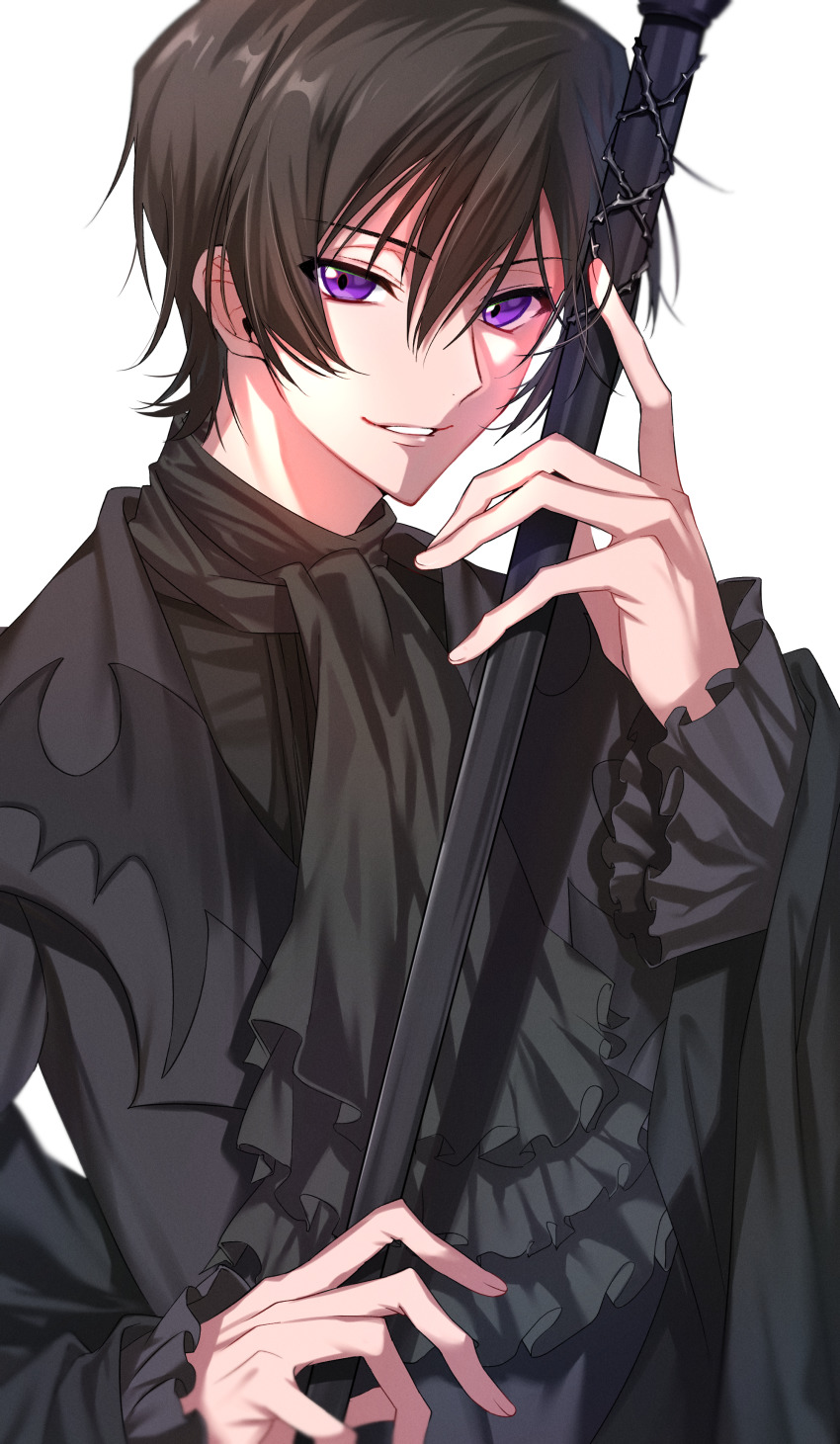1boy, absurdres, black_hair, code_geass, grin, hair_between_eyes, highres, holding