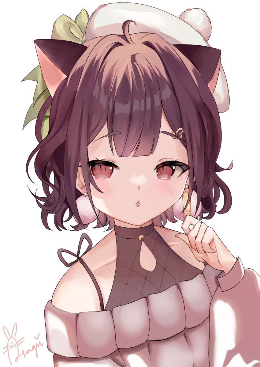 1girl, :o, alternate_breast_size_(smaller), animal_ears, beret, blush, brown_hair, cat_ears
