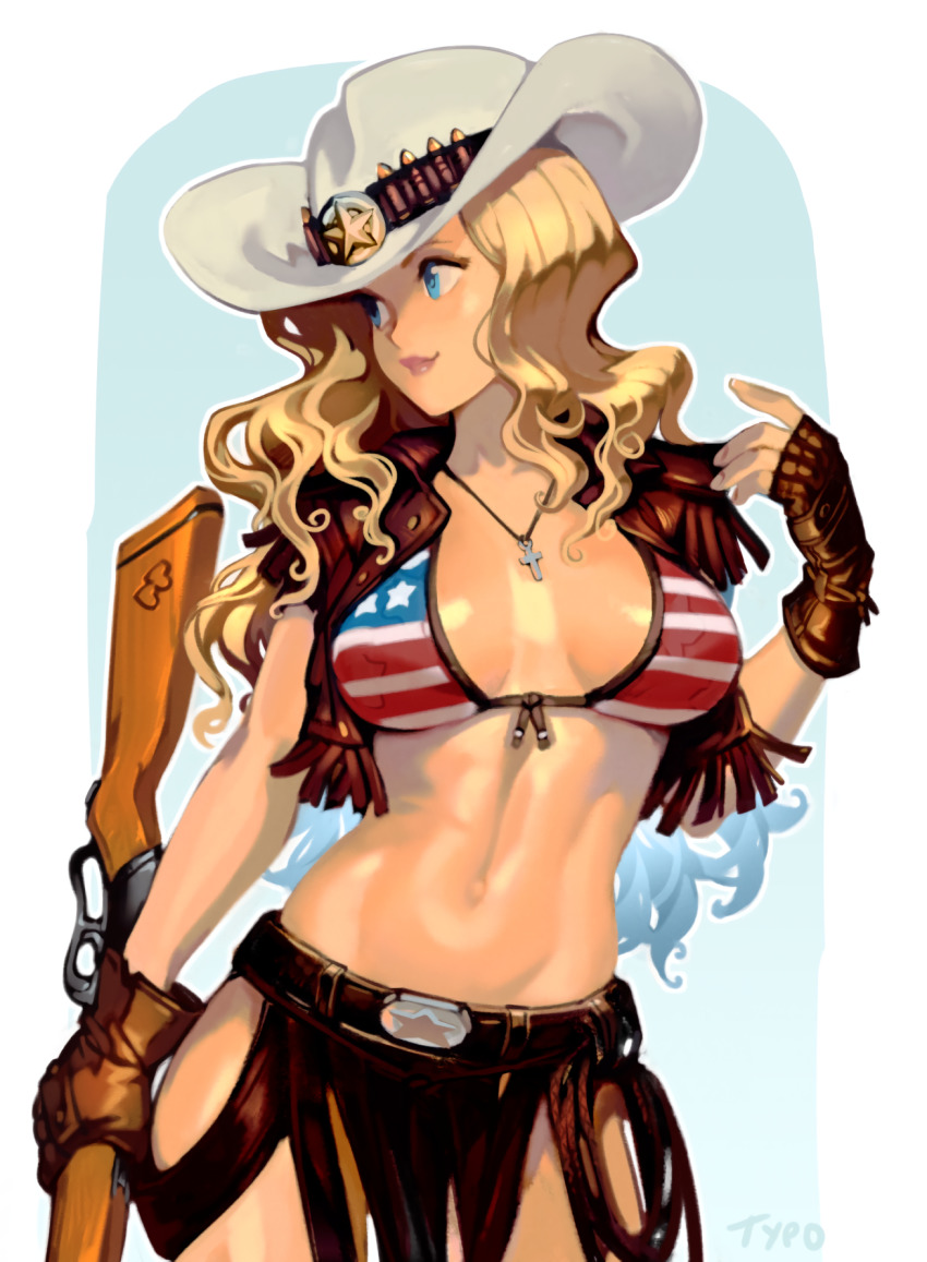 1girl, american_flag, american_flag_bikini, american_flag_print, belt, bikini, bikini_top_only, blonde_hair, blue_eyes, breasts, breasts_apart, brown_gloves, cleavage, commentary, cowboy_bebop, cowboy_hat, cross, cross_necklace, curly_hair, english_commentary, epaulettes, fingerless_gloves, flag_print, flag_print_bikini, frilled_vest, frills, front-tie_bikini_top, front-tie_top, gloves, gun, hat, highres, holding, holding_gun, holding_weapon, jewelry, judy_(cowboy_bebop), large_breasts, lasso, latin_cross, lever_action, lips, navel, necklace, optionaltypo, pelvic_curtain, print_bikini, rifle, smile, solo, stomach, swimsuit, toned, vest, weapon