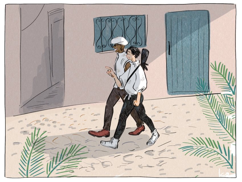 2boys, beret, black_hair, closed_eyes, dark-skinned_male, dark_skin, earrings, east_asian