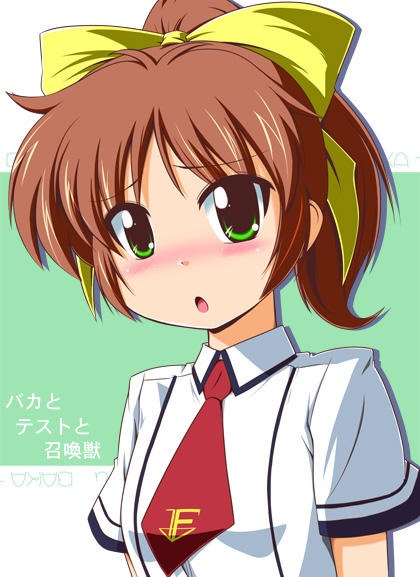 baka_to_test_to_shoukanjuu, blush, brown_hair, green_eyes, hair_ribbon, mitsuki_(mitsukitei), necktie, open_mouth