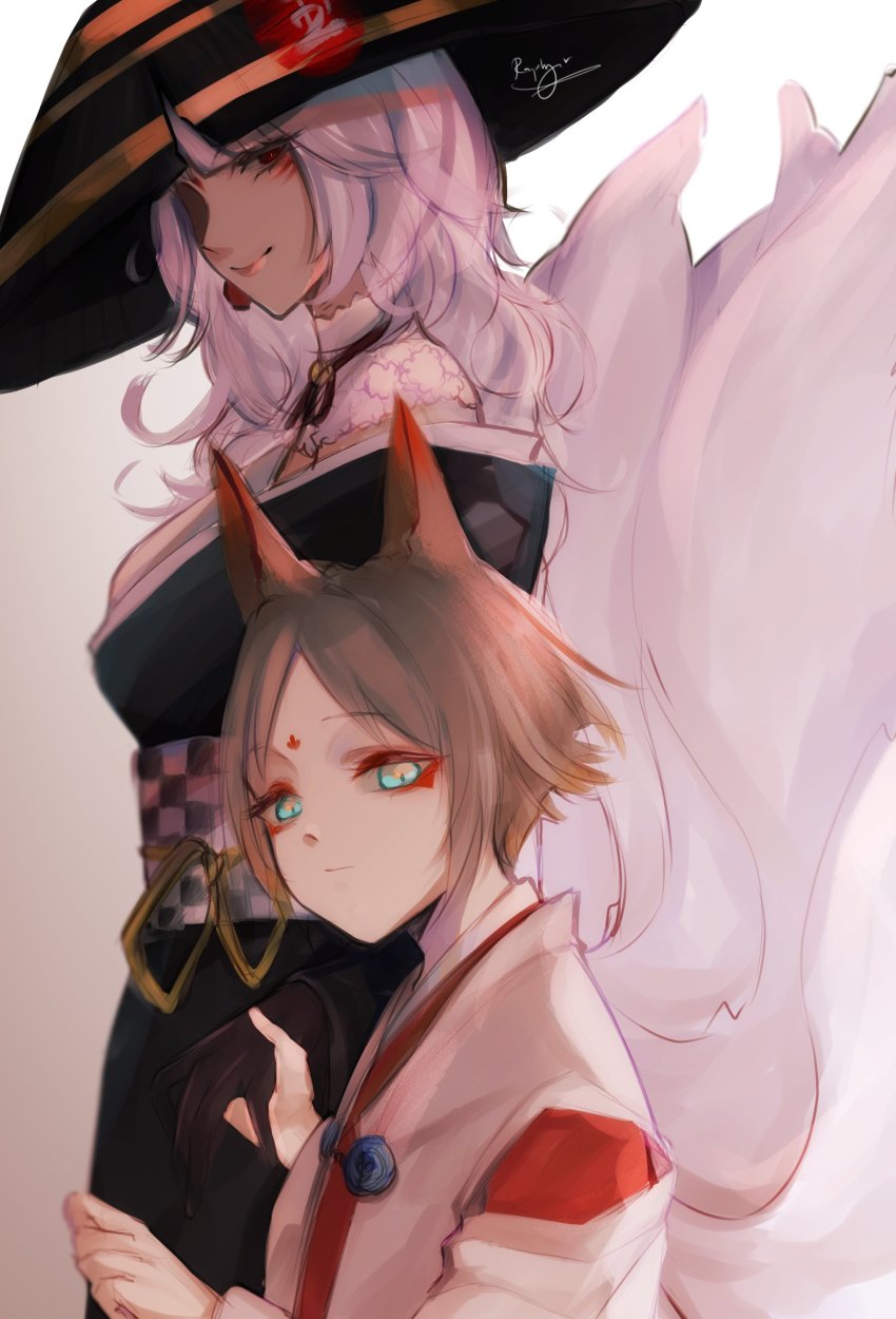 1boy, 1girl, absurdres, aged_down, animal_ears, black_kimono, blue_eyes, brown_hair, earrings, facial_mark, forehead_mark, fox_boy, fox_ears, fox_girl, fox_tail, from_side, grey_hair, highres, japanese_clothes, jewelry, kimono, lantern_earrings, looking_at_viewer, medium_hair, multiple_tails, mysta_rias, nijisanji, nijisanji_en, nina_kosaka, nina_kosaka_(1st_costume), parted_bangs, raphyraphadoom, red_eyes, short_hair, single_earring, smile, tail, virtual_youtuber, white_kimono