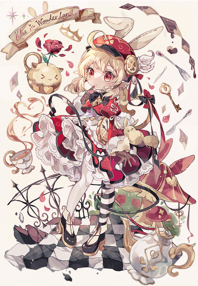1girl, adapted_costume, ahoge, alice's_adventures_in_wonderland, alternate_costume, animal_ears, asymmetrical_legwear, black_footwear