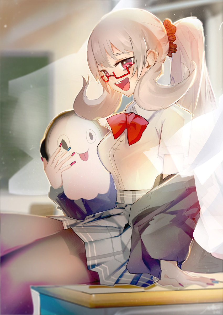 1girl, absurdres, alternate_costume, black_pantyhose, bow, breasts, chalkboard, collared_shirt