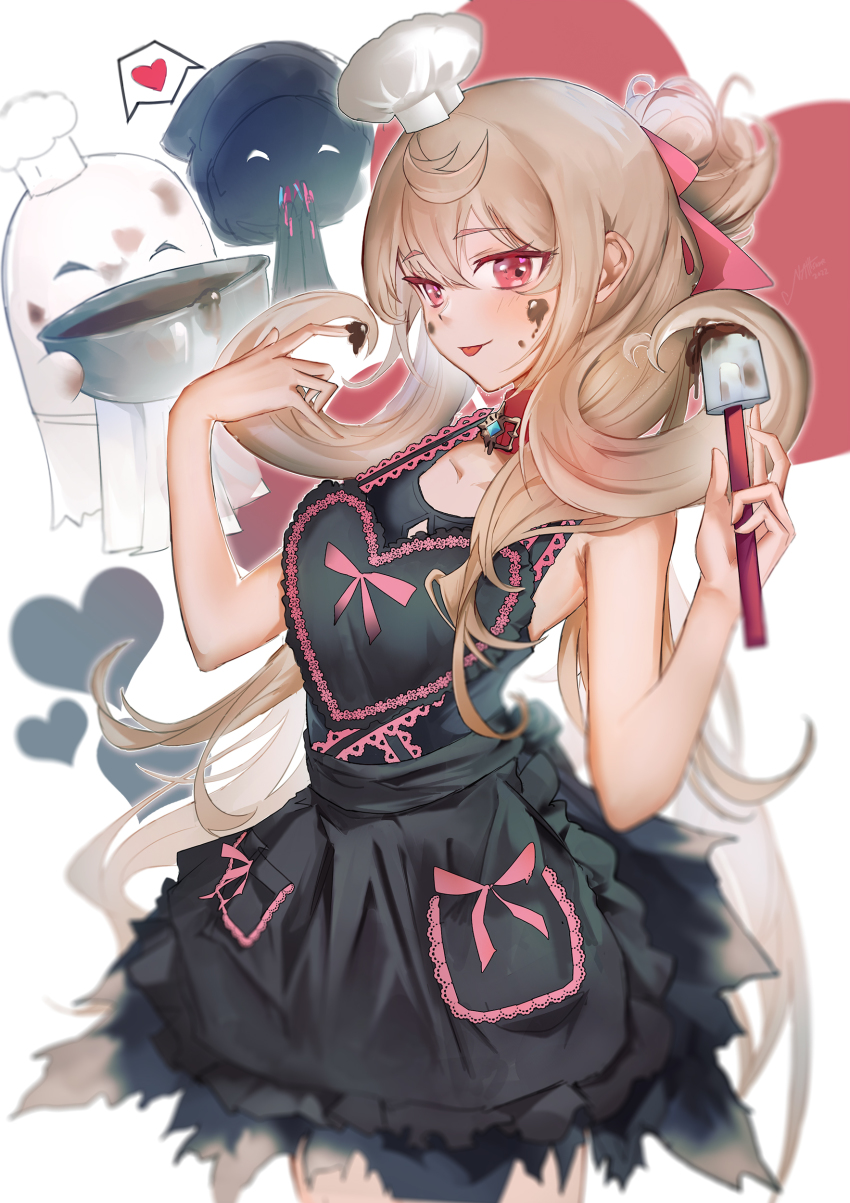 1girl, absurdres, alternate_costume, black_dress, blonde_hair, bow, chef_hat, chocolate