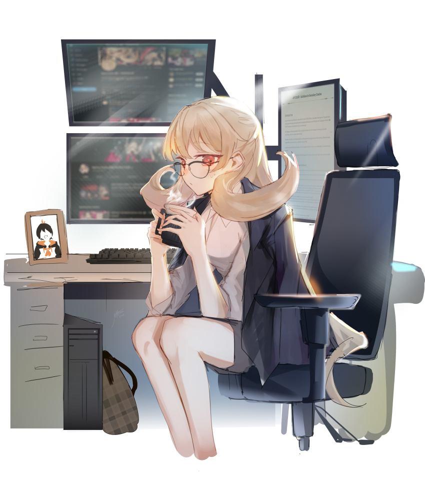 1girl, absurdres, alternate_costume, bespectacled, black_jacket, breasts, cup, glasses