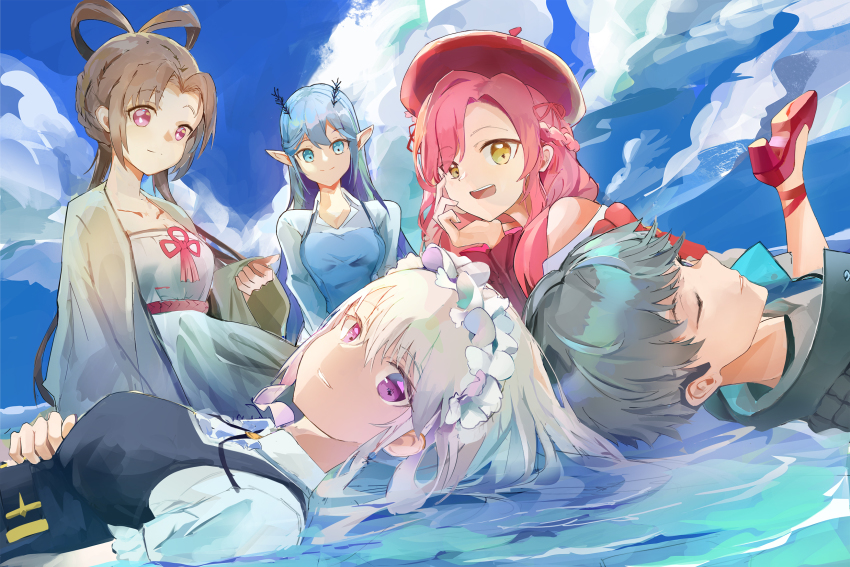 1boy, 4girls, antennae, beret, blue_dress, blue_eyes, brown_cardigan, brown_dress