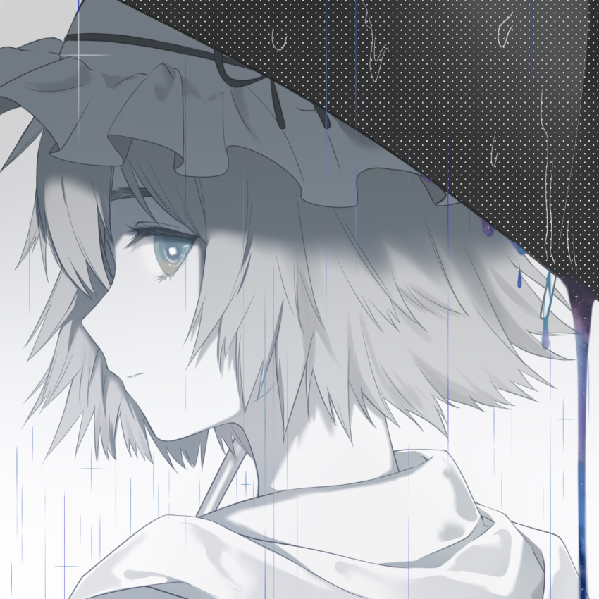 1girl, black_hair, blue_eyes, bow, expressionless, frills, grey_background, hat, hat_bow, hat_ribbon, highres, looking_back, marsirome, pale_color, portrait, rain, ribbon, science_adventure, shiina_mayuri, short_hair, simple_background, solo, steins;gate, umbrella, water_drop
