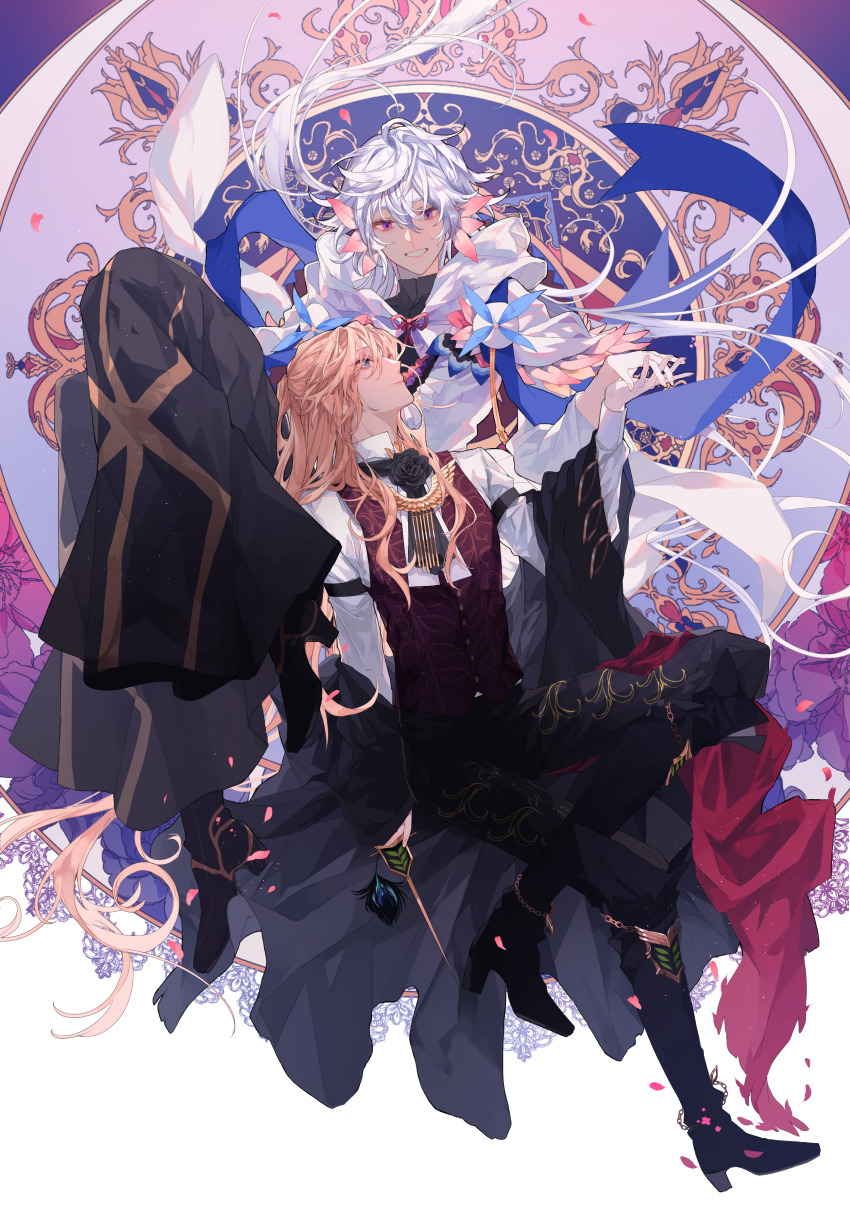 2boys, absurdres, blonde_hair, earrings, fate/grand_order, fate_(series), flower, green_eyes